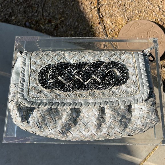 Leather Woven Texture Clutch Purse With Removable Chain - Color Metallic Silver - Picture 1 of 6
